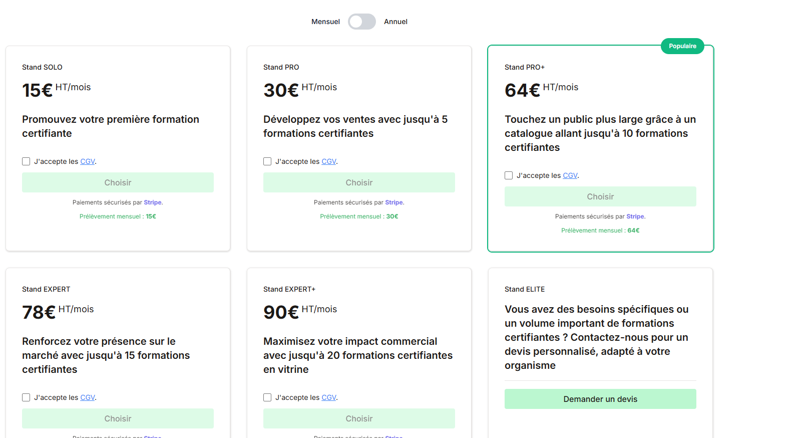 Tableau de bord d'abonnement App MesCertifs