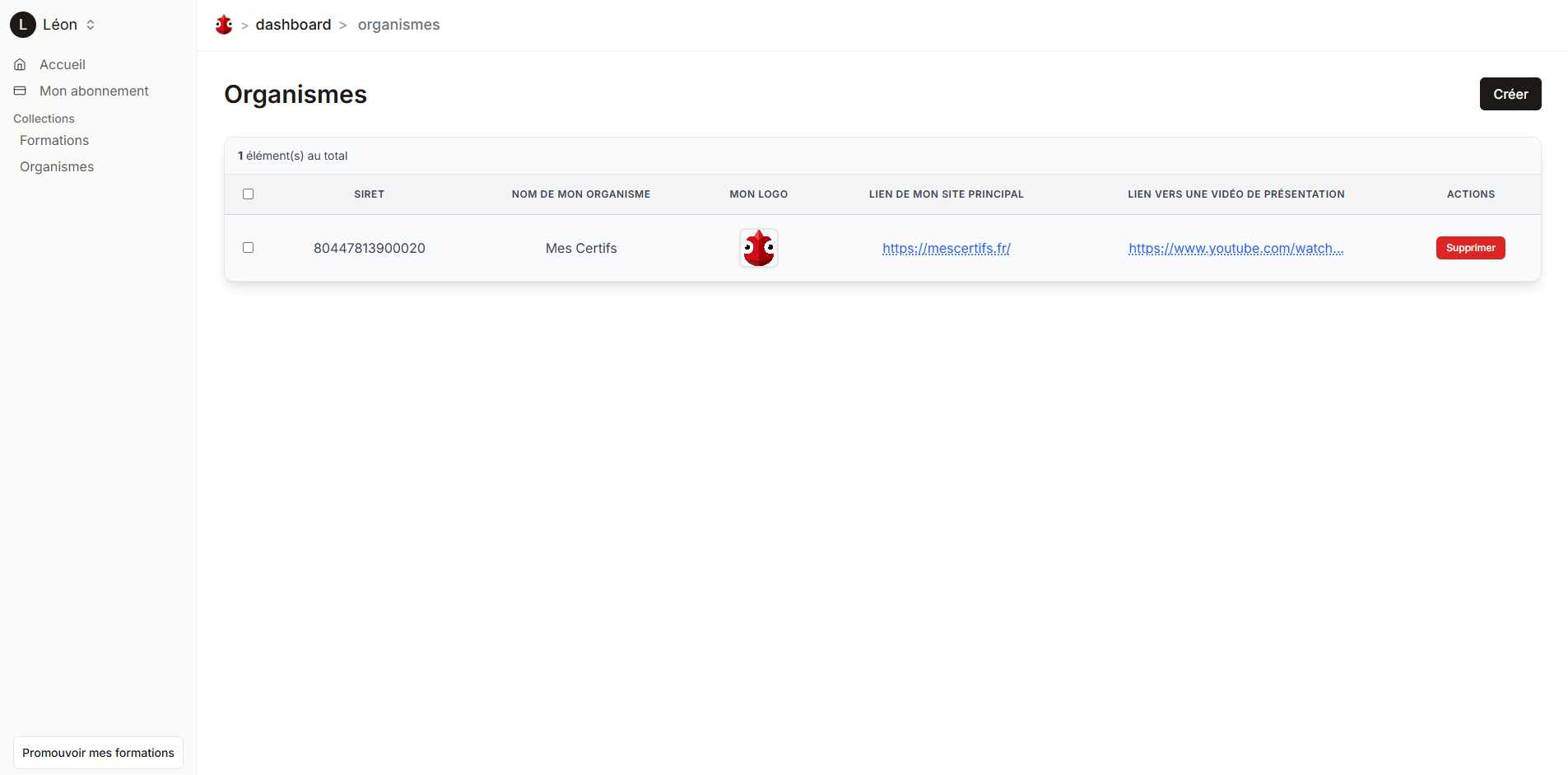 Interface de création d'organisme sur AppMescertifs