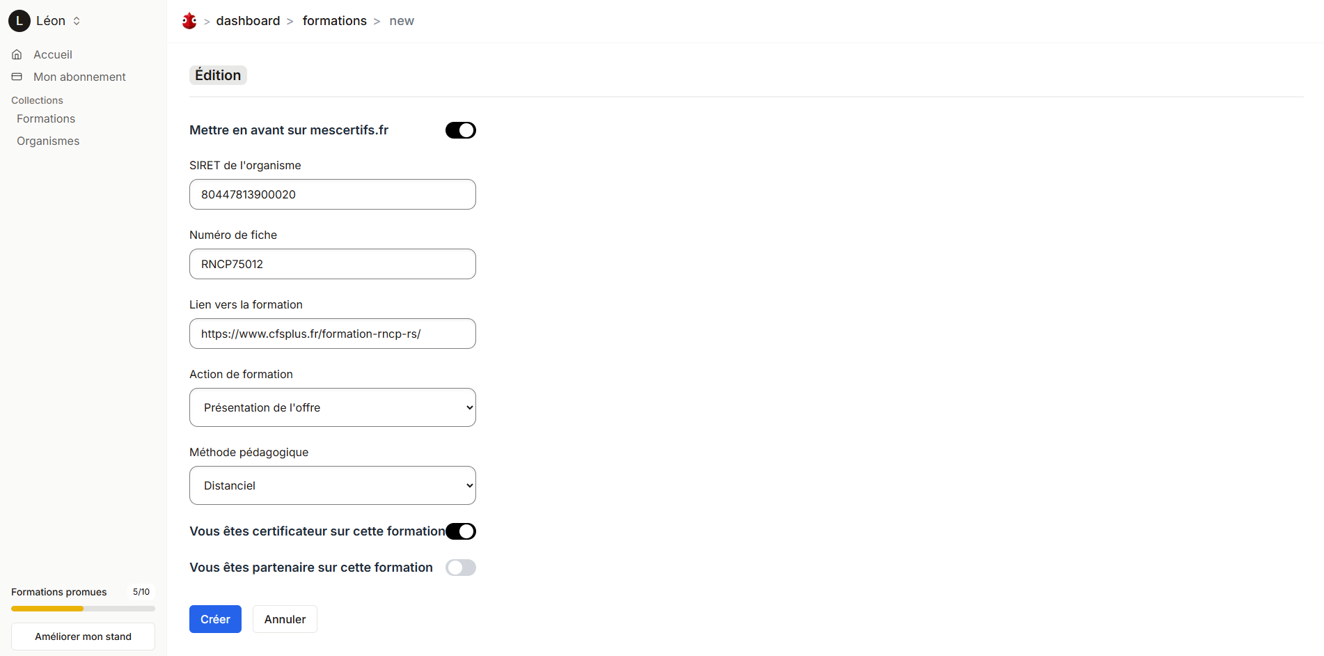Gestion de catalogue de formations